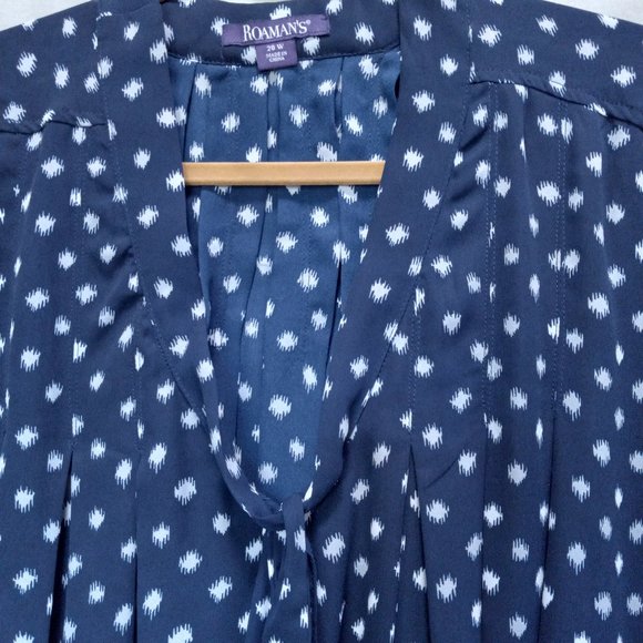 Roman's Blue/White Pleated A-Line Blouse With Tie at Neck Womans 20W (T-217) - Picture 10 of 12